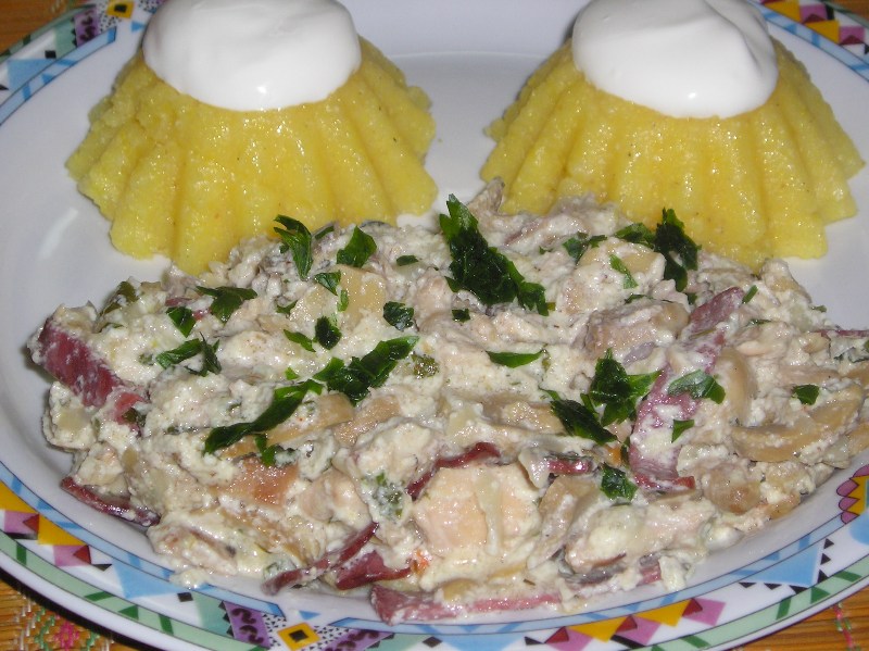 Mancare de pui cu smantana, ciuperci si afumatura